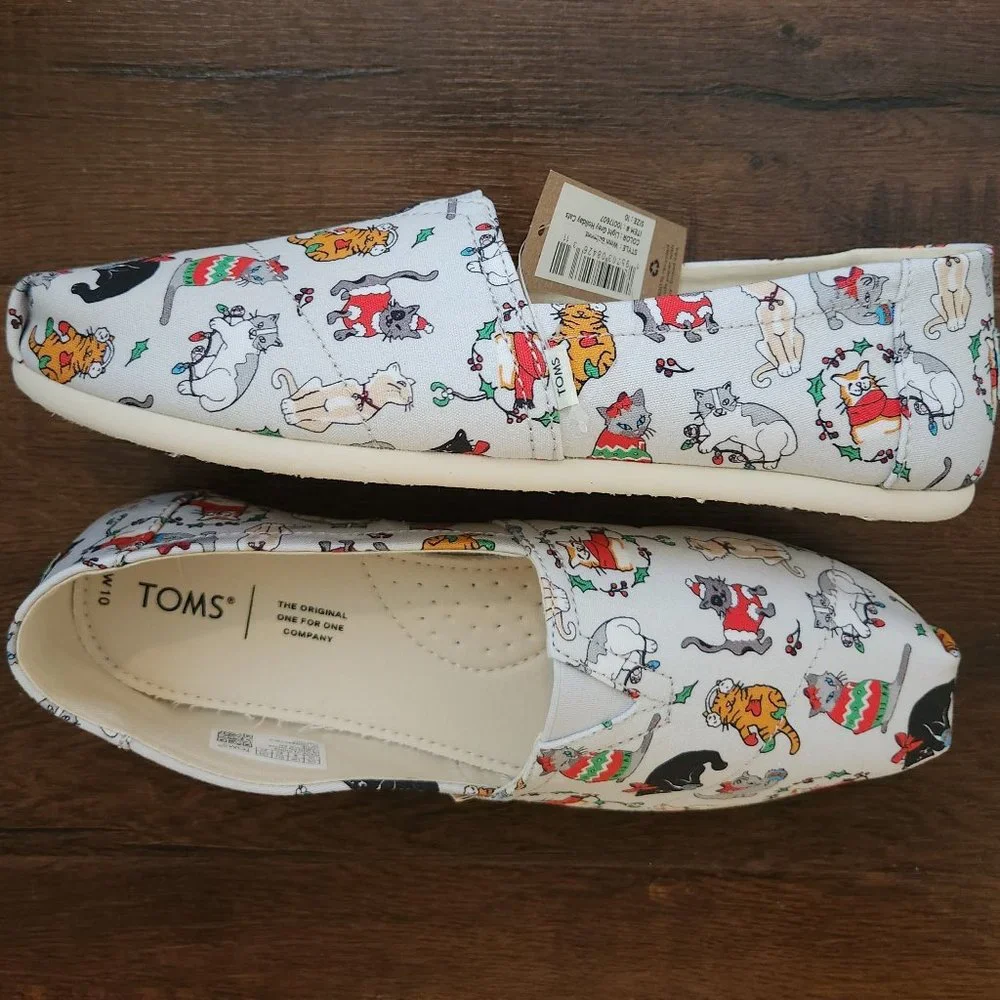 Womens Toms Christmas Holiday Cats Flat Shoes Belmont Casual Slip On - Picture 1 of 1